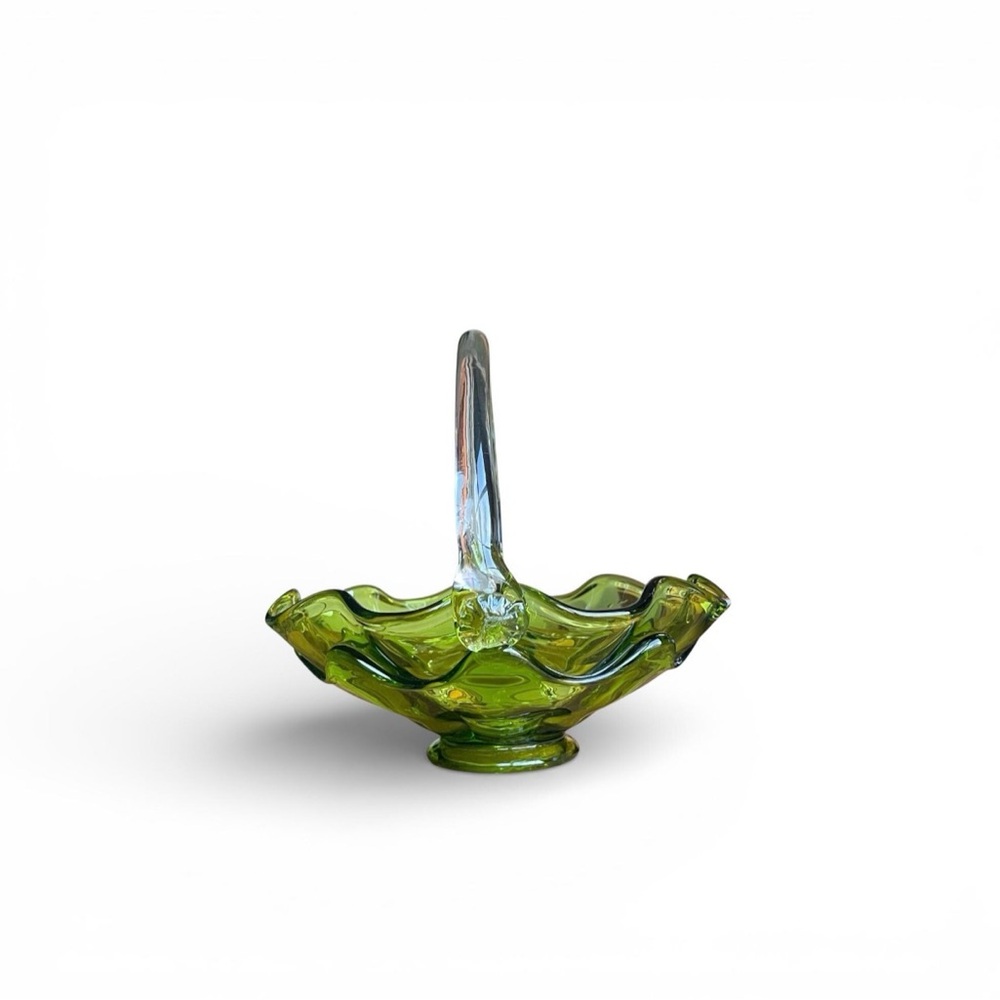 VTG Viking Glass Basket, Avocado Olive Green, Ruffled Bowl, MCM - Picture 3 of 4